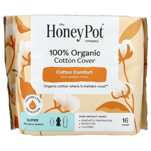 The Honey Pot Company, прокладки из 100% органического хлопка, не на основе трав, с крылышками, супер, 16 шт.