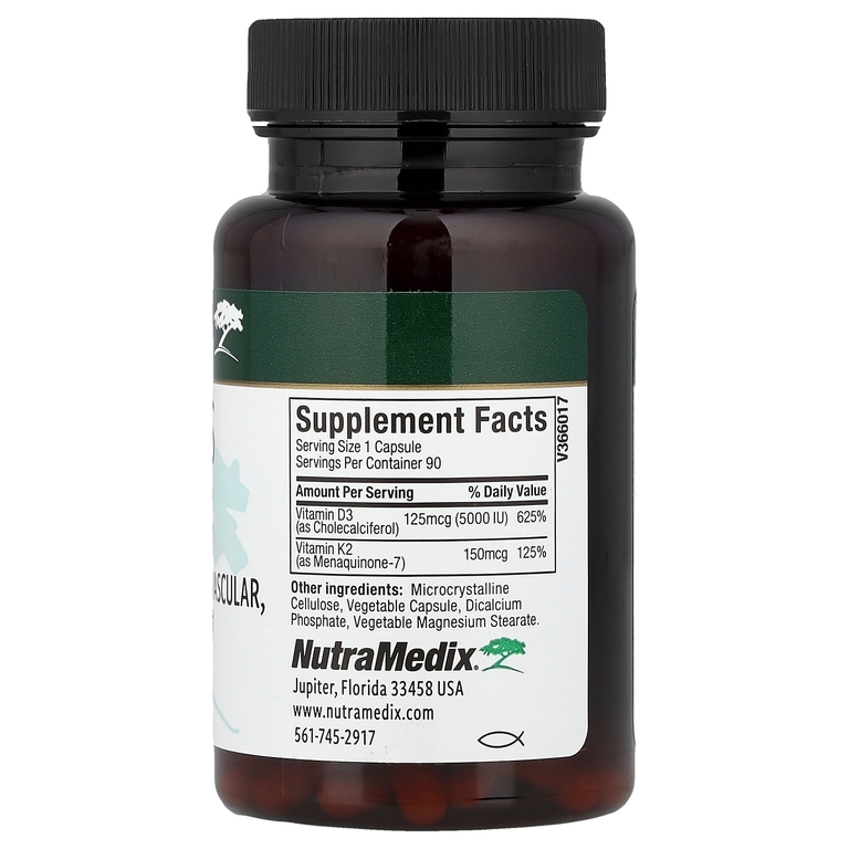 NutraMedix, витамины D3 и K2, 90 растительных капсул