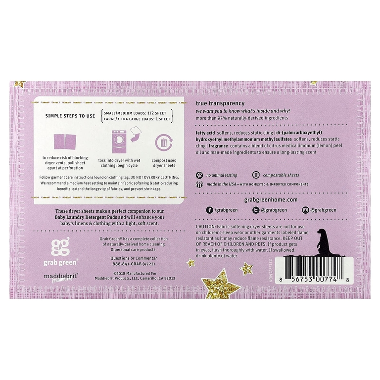 Grab Green, D Dry Sheets, для детей от 5 месяцев, Dreamy Rosewood с эфирными маслами, 80 компостируемых листов