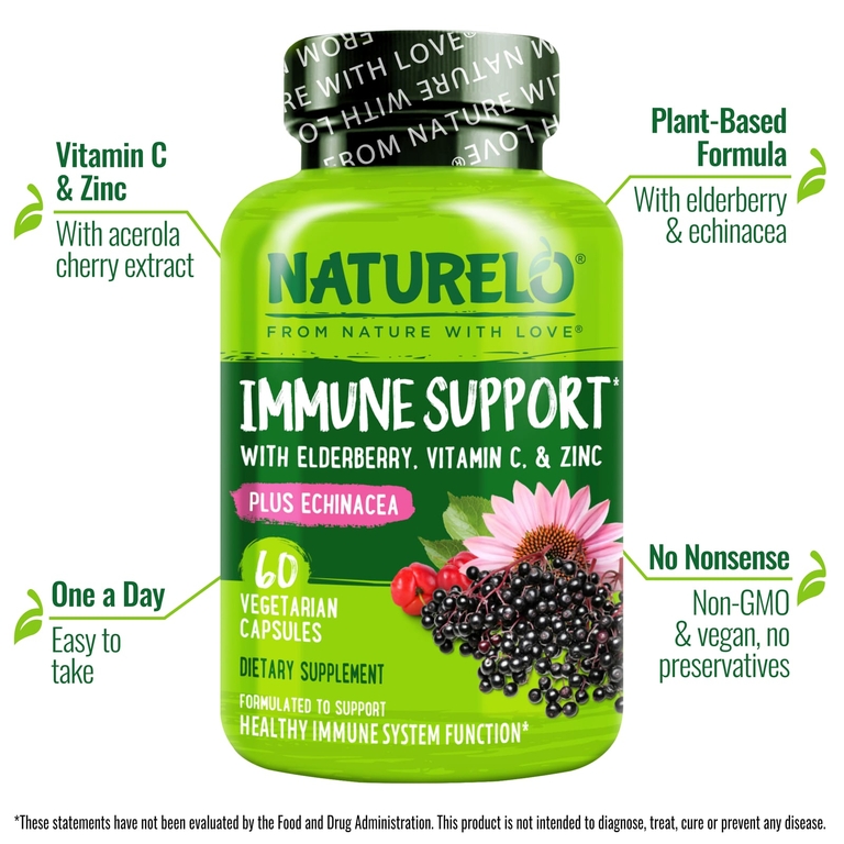 NATURELO, Поддержка иммунитета с бузиной, витамином С, цинком и эхинацеей, 60 вегетарианских капсул