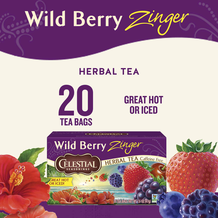 Celestial Seasonings, Травяной чай, Без кофеина, Лесная ягода Зингер, 20 чайных пакетиков, 1,7 унции (47 г)