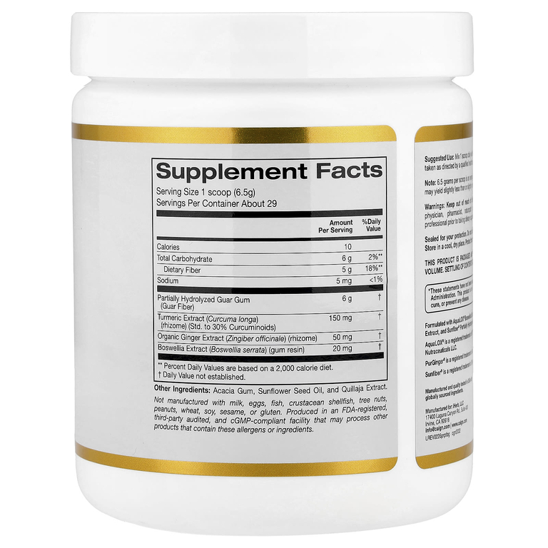 California Gold Nutrition, пребиотическая клетчатка с экстрактами куркумы, органического имбиря и босвеллии, 189 г (6,7 унции)