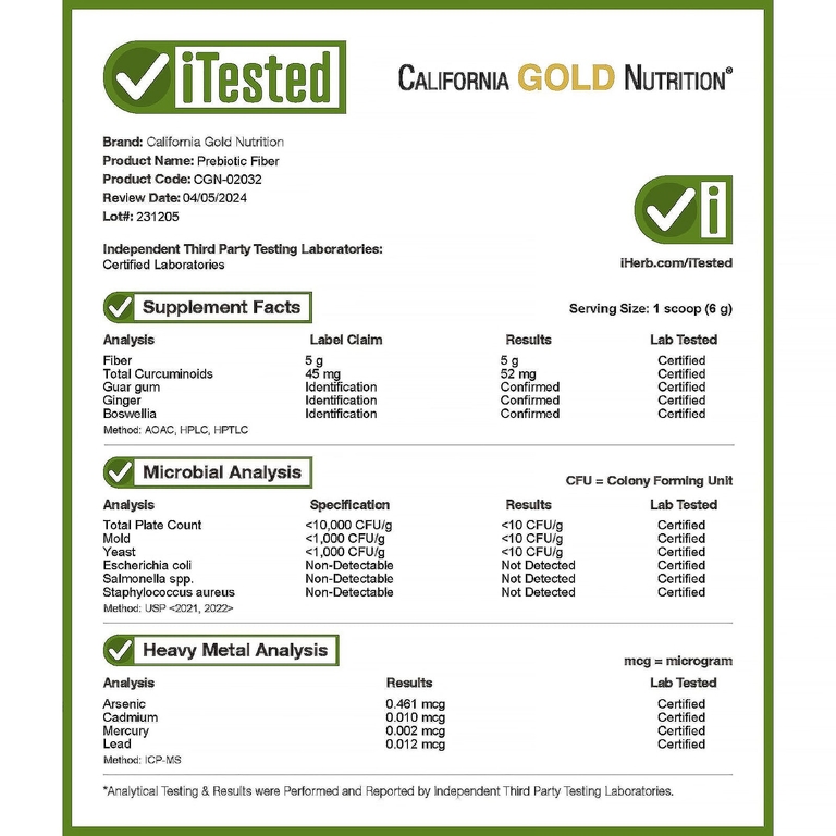 California Gold Nutrition, пребиотическая клетчатка с экстрактами куркумы, органического имбиря и босвеллии, 189 г (6,7 унции)
