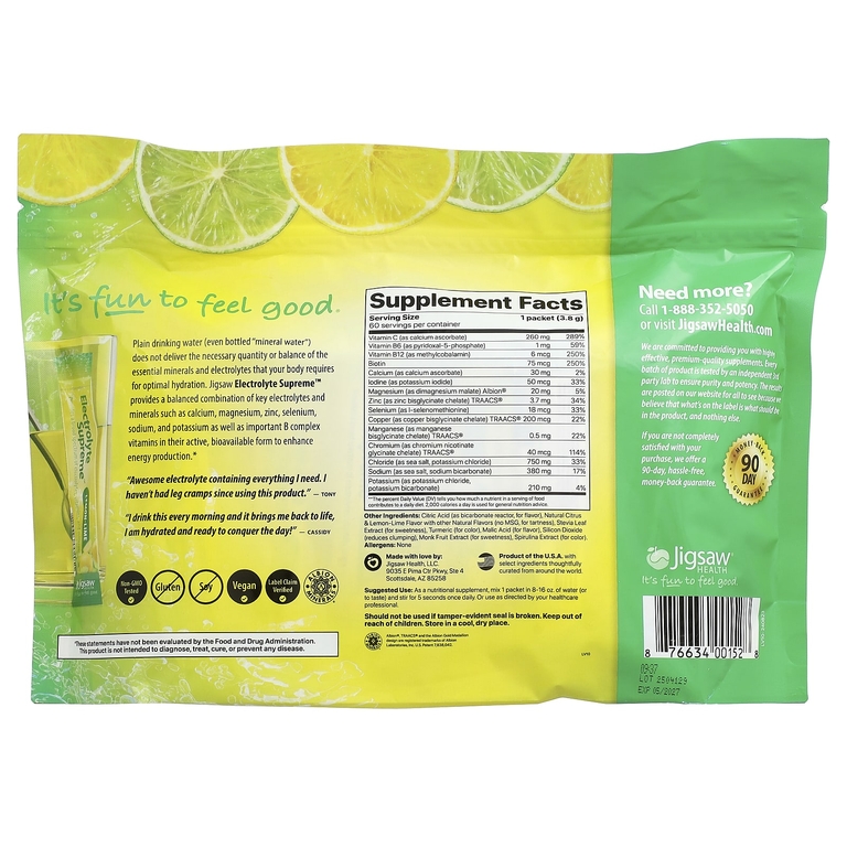 Jigsaw Health, Electrolyte Supreme™ с лимоном и лаймом, 60 пакетиков по 3,8 г