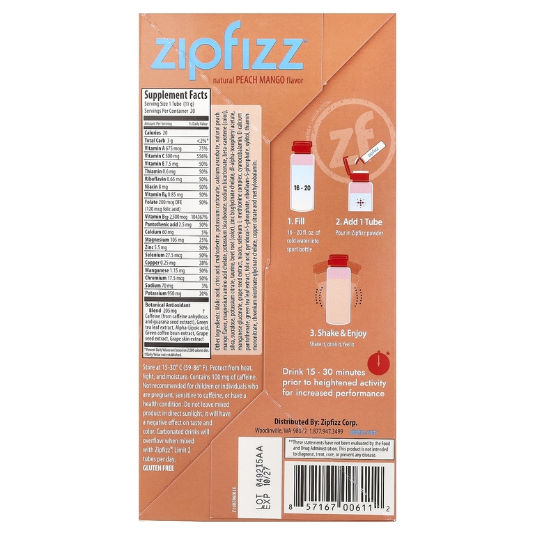 Zipfizz, Energy Drink Mix, персик и манго, 20 тюбиков по 11 г (0,39 унции)