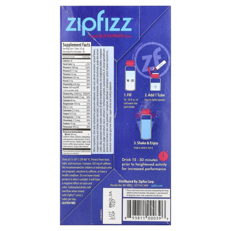 Zipfizz, смесь для энергетического напитка, голубая малина, 20 тюбиков по 11 г (0,39 унции)