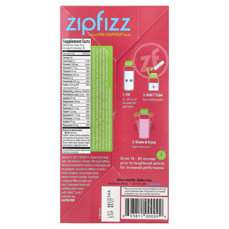 Zipfizz, Энергетическая смесь для здорового спорта с витамином B12, розовый грейпфрут, 20 тюбиков по 11 г (0,39 унции)