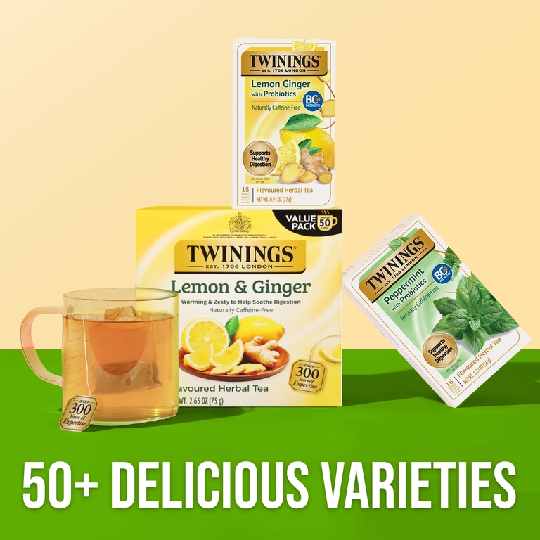 Twinings, ароматизированный травяной чай, лимон и имбирь с пробиотиками, без кофеина, 18 чайных пакетиков, 27 г (0,95 унции)