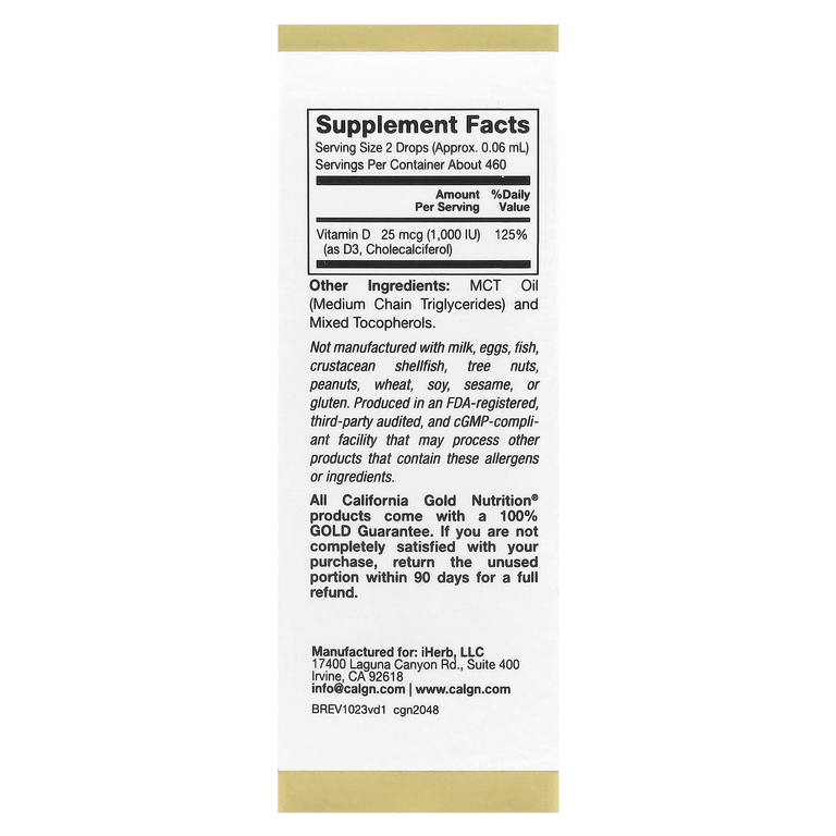 California Gold Nutrition, витамин D3, 25 мкг (1000 МЕ), 30 мл (1 жидк. унция)