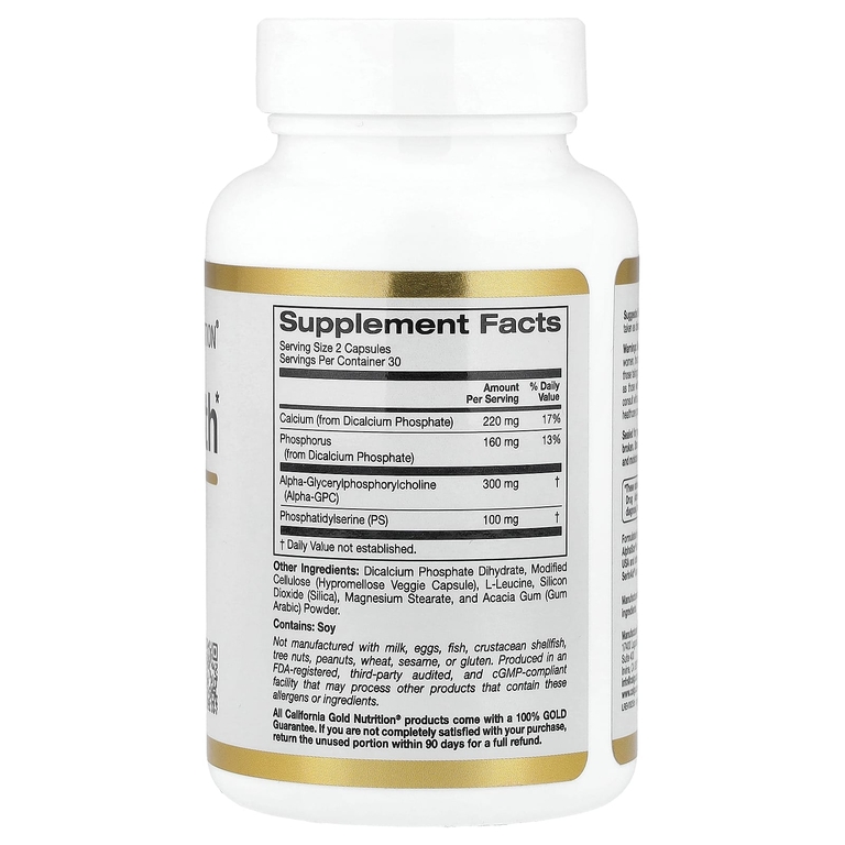 California Gold Nutrition, добавка для здоровья мозга с альфа-глицерофосфорилхолином, кальцием, фосфором и фосфатидилсерином, 60 растительных капсул