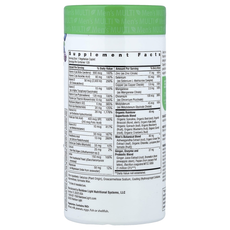 Rainbow Light, Men's One®+, питательные вещества из натуральных продуктов, 120 вегетарианских капсуловидных таблеток
