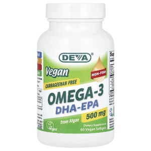 Deva, Веганские омега-3 DHA-EPA, 500 мг, 60 веганских мягких таблеток