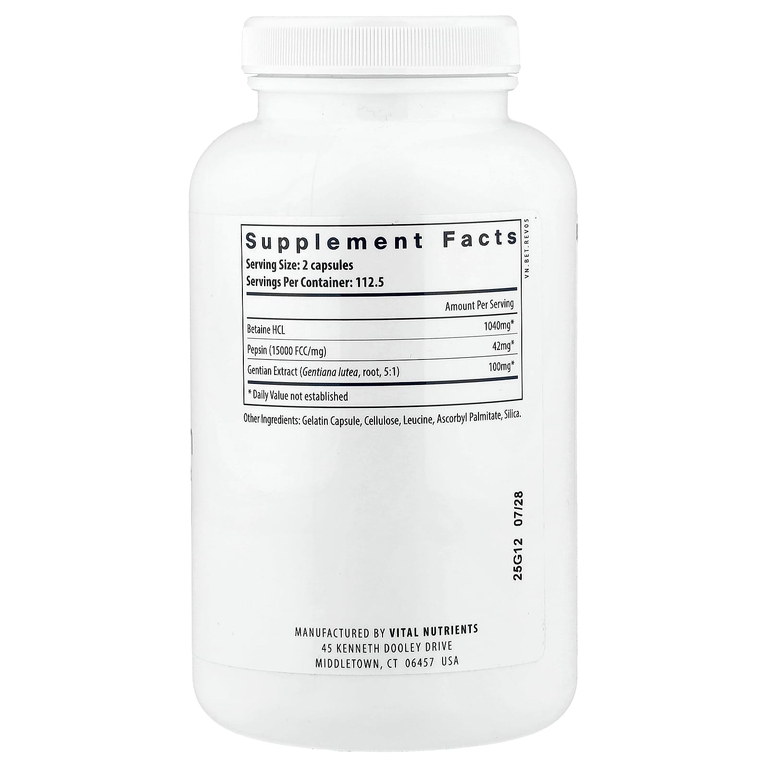 Vital Nutrients, бетаин гидрохлорид пепсин с экстрактом корня горечавки, 225 капсул
