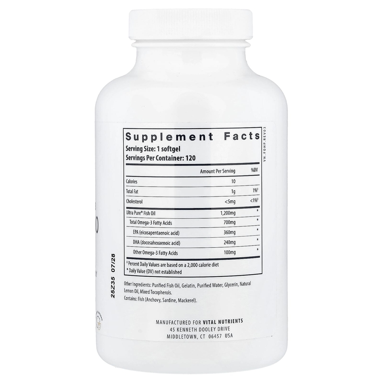 Vital Nutrients, ультрачистый рыбий жир 700, со вкусом лимона, 120 капсул