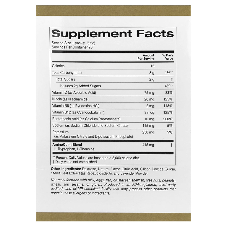 California Gold Nutrition, Calm, успокаивающая порошковая смесь для приготовления напитков с калием и смесью AminoCalm, L-триптофаном и L-теанином, голубика и лаванда, 20 пакетиков по 5,5 г (0,19 унции)