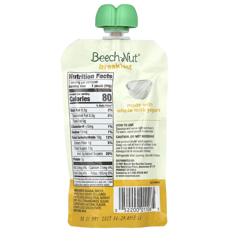 Beech-Nut, завтрак, для детей от 12 месяцев, йогурт с бананом и клубникой, 12 паучей по 99 г (3,5 унции)