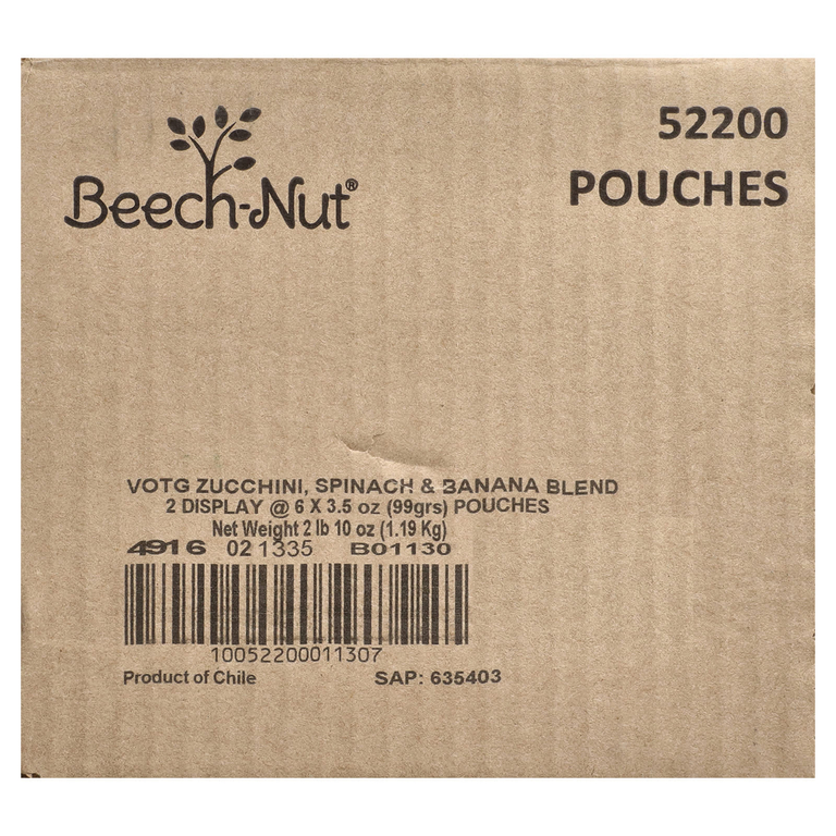 Beech-Nut, овощи, для детей от 6 месяцев, цукини, шпинат и банан, 12 паучей по 99 г (3,5 унции)