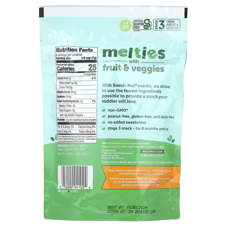 Beech-Nut, Melties с фруктами и овощами, от 8 месяцев, яблоко и тыква, 28 г (1 унция)