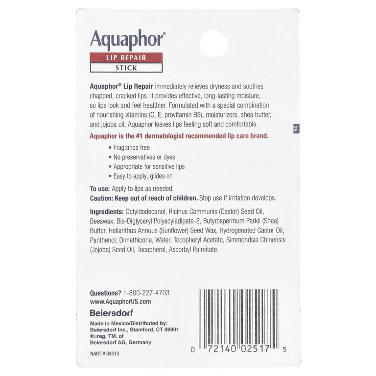 Aquaphor, стик для восстановления губ, мгновенное облегчение, 2 стика по 4,8 г (0,17 унции)