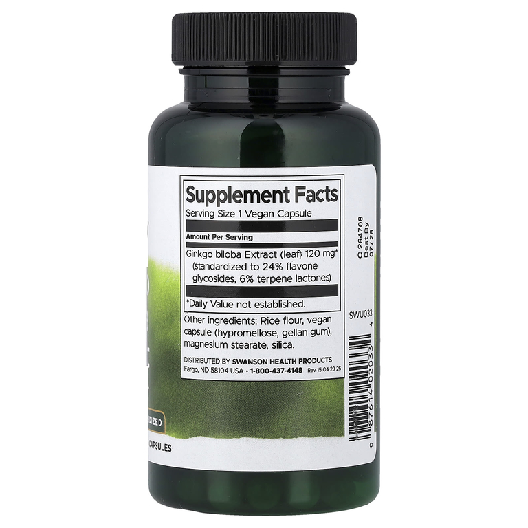 Swanson Vitamins, экстракт гинкго билоба, стандартизованный, 120 мг, 100 веганских капсул