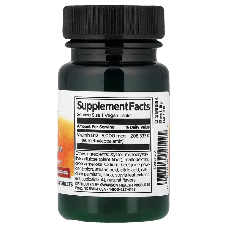 Swanson Vitamins, Витамин B12, метилкобаламин, 5000 мкг, 60 веганских таблеток