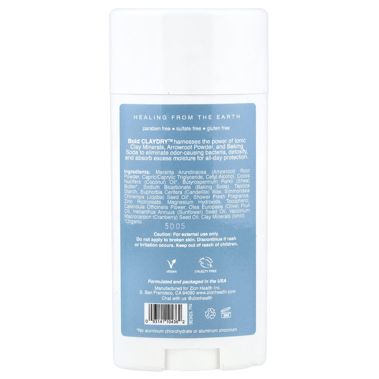 Zion Health, Bold, ClayDry Deodorant, Shower Fresh, 2,8 унции (80 г)