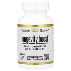 California Gold Nutrition, Longevity Boost™ с транс-ресвератролом, экстрактом листьев оливы, смесью экстрактов винограда и среднецепочечными триглицеридами, 60 растительных капсул