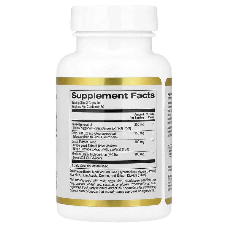California Gold Nutrition, Longevity Boost™ с транс-ресвератролом, экстрактом листьев оливы, смесью экстрактов винограда и среднецепочечными триглицеридами, 60 растительных капсул