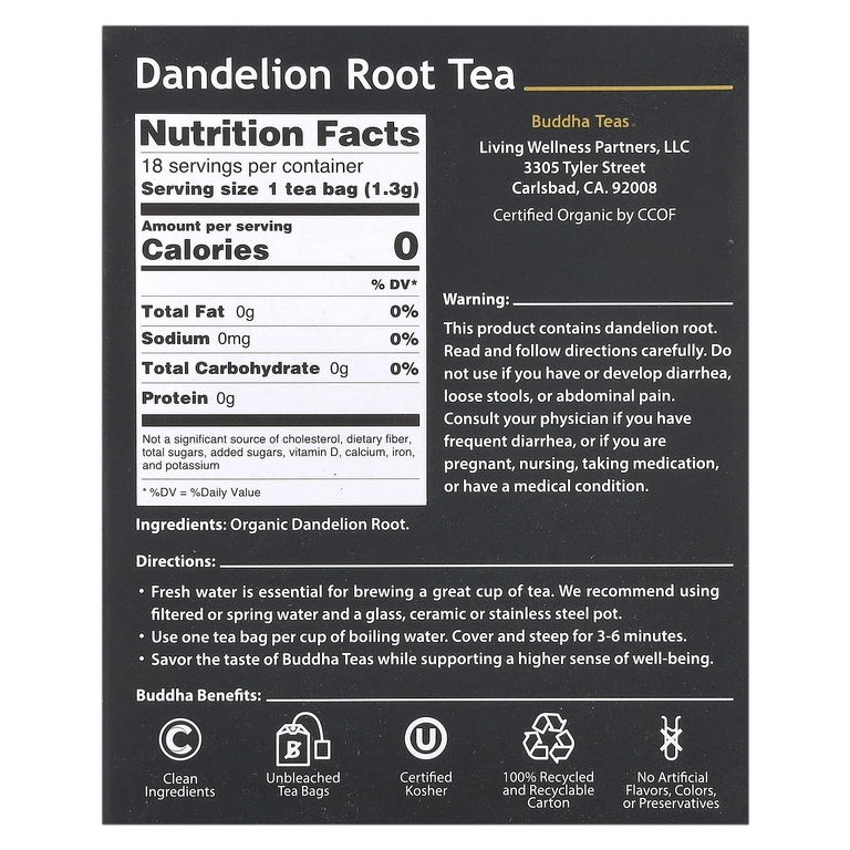 Buddha Teas, Organic Herbal Tea, корень одуванчика, без кофеина, 18 чайных пакетиков, 24 г (0,83 унции)