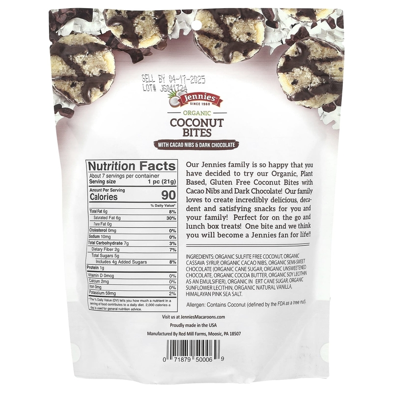 Jennies Macaroons, органические кусочки кокоса, с измельченными какао-бобами и темным шоколадом, 149 г (5,25 унции)
