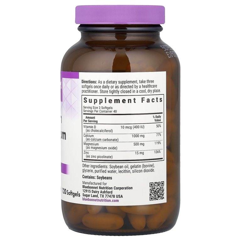 Bluebonnet Nutrition, кальций, магний, цинк, 120 мягких желатиновых капсул