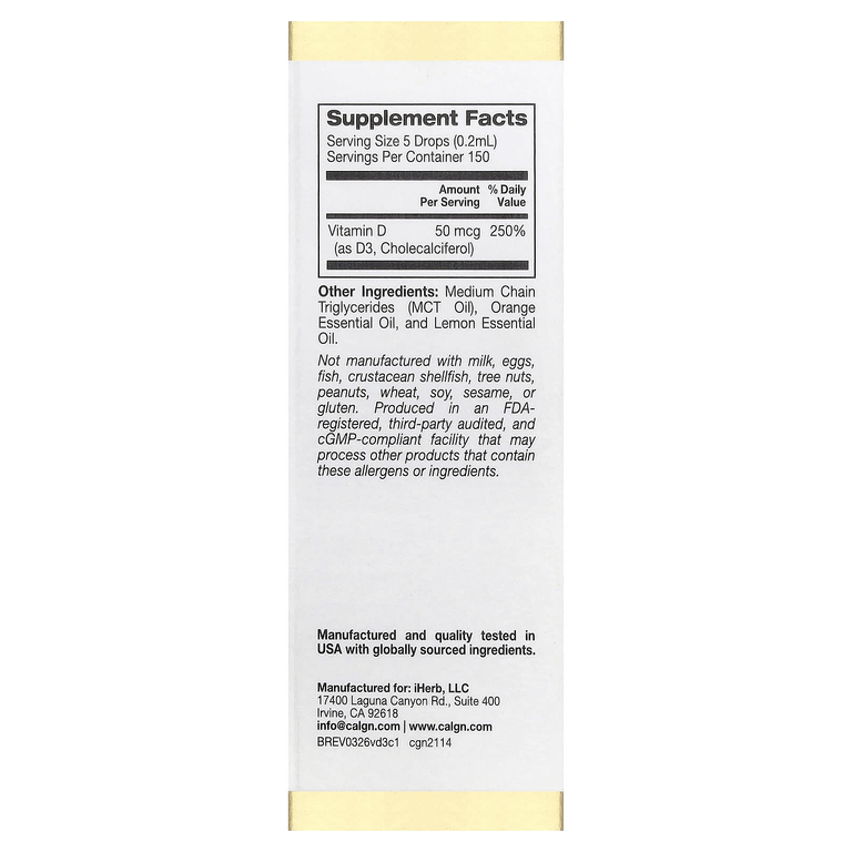 California Gold Nutrition, витамин D3, с цитрусовым вкусом, 50 мкг (2000 МЕ), 30 мл (1 жидк. унция)