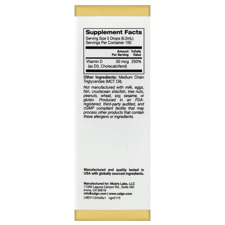 California Gold Nutrition, витамин D3, с нейтральным вкусом, 50 мкг (2000 МЕ), 30 мл (1 жидк. унция)