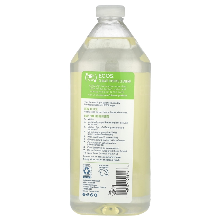 Ecos, Ecos®, запасное мыло для рук на растительной основе, лемонграсс, 946 мл (32 жидк. Унции)