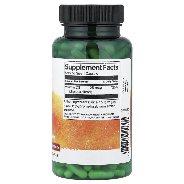 Swanson Vitamins, витамин D3, высокоактивный, 25 мкг (1000 МЕ), 250 капсул