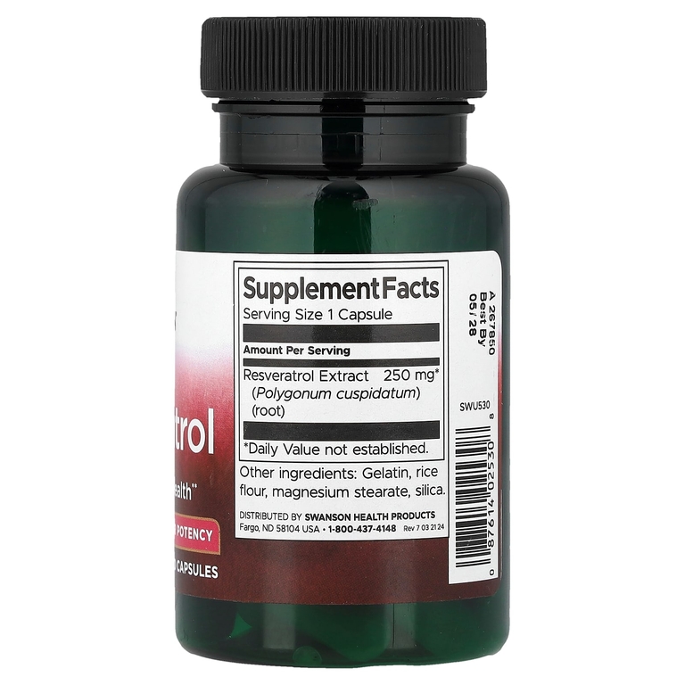 Swanson Vitamins, Ресвератрол, высокая эффективность, 250 мг, 30 капсул