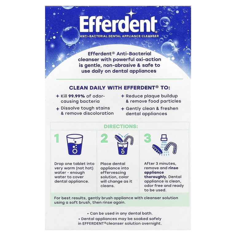 Efferdent, Антибактериальное очищающее средство для зубов, мятный свежий и чистый, 90 таблеток