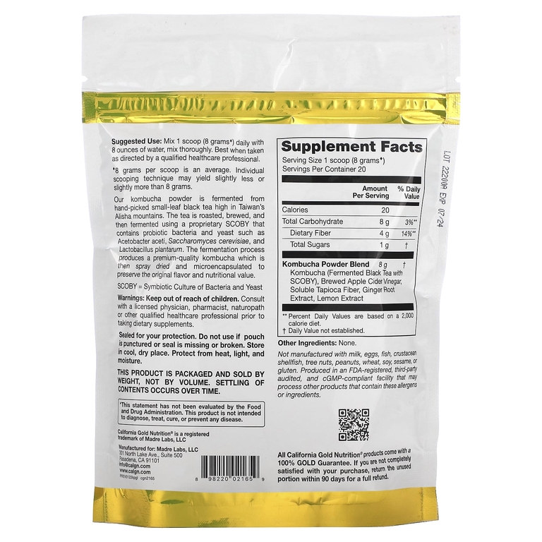 California Gold Nutrition, Superfoods, комбуча в порошке, со вкусом имбиря и лимона, 160 г