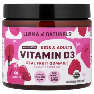 Llama Naturals, растительный витамин D3 для детей и взрослых, натуральный фруктовый жевательный вкус, малина, 60 жевательных таблеток
