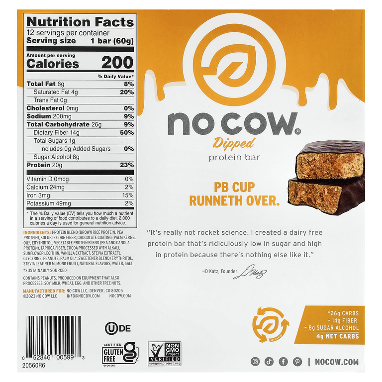 No Cow, протеиновый батончик в глазури, со вкусом шоколада и арахисовой пасты, 12 шт. по 60 г (2,12 унции)