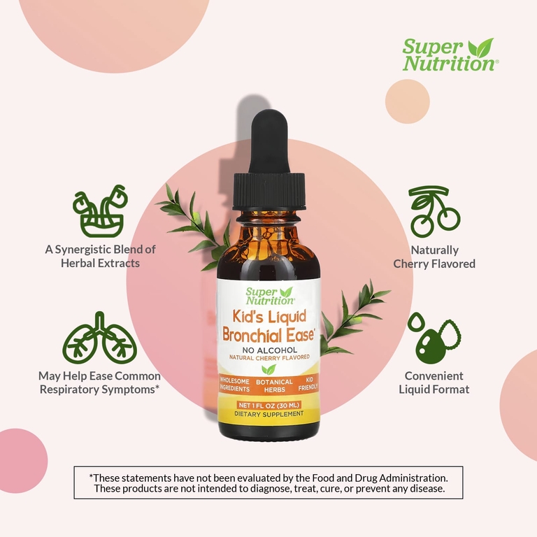 Super Nutrition, Bronchial Ease, детская жидкая добавка для здоровья бронхов, с корнем любистка, свежими листьями йерба санта, корнем солодки и листьями коровяка, без спирта, вишня, 30 мл (1 жидк. унция)