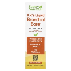 Super Nutrition, Bronchial Ease, детская жидкая добавка для здоровья бронхов, с корнем любистка, свежими листьями йерба санта, корнем солодки и листьями коровяка, без спирта, вишня, 30 мл (1 жидк. унция)