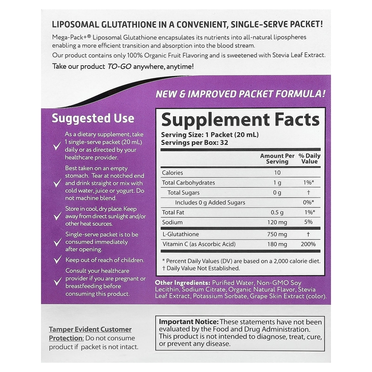 Aurora Nutrascience, Mega-Pack+®, липосомальный глутатион, 32 пакетика по 20 мл (0,68 жидк. унции)