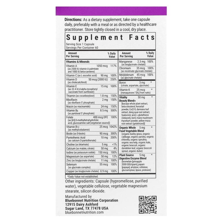 Bluebonnet Nutrition, Ladies' ONE® 40+, цельнопищевая мультивитаминная добавка, 60 растительных капсул