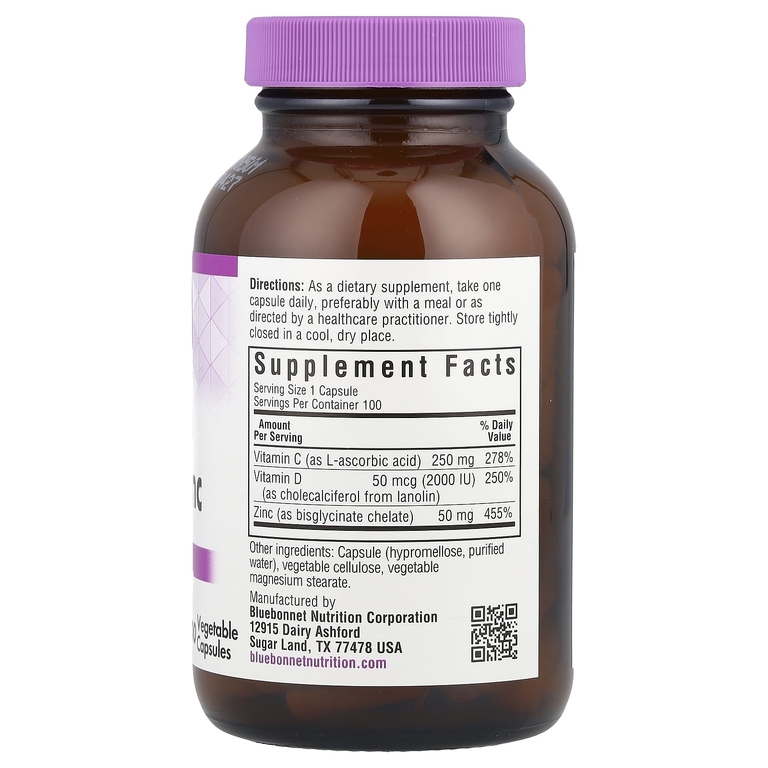 Bluebonnet Nutrition, витамины C, D3 и цинк, 100 растительных капсул