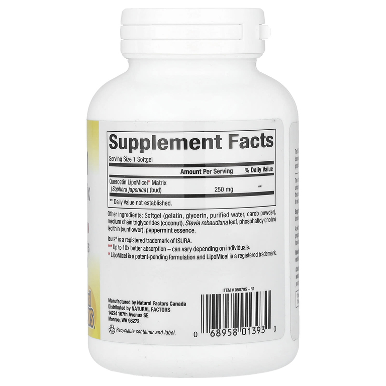 Natural Factors, LipoMicel, кверцетин, 250 мг, 120 капсул с жидкостью