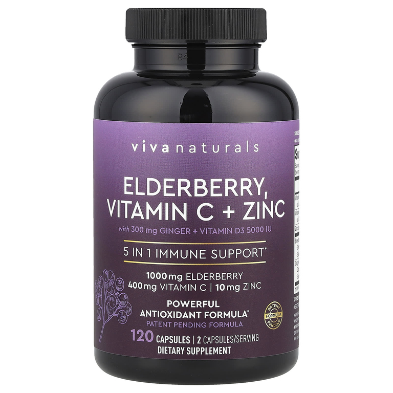 Viva Naturals, бузина, витамин C и цинк, 120 капсул