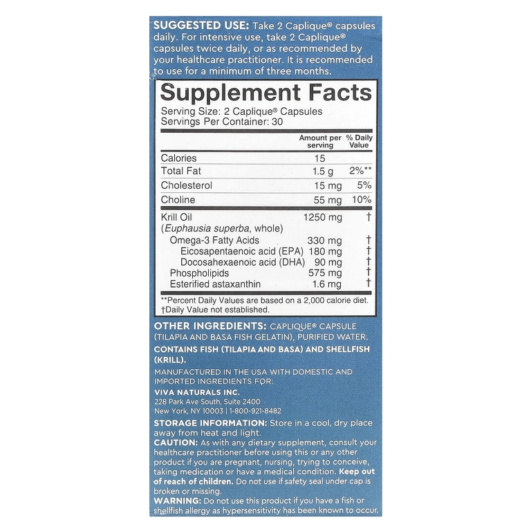Viva Naturals, масло антарктического криля с астаксантином, 60 капсул Caplique
