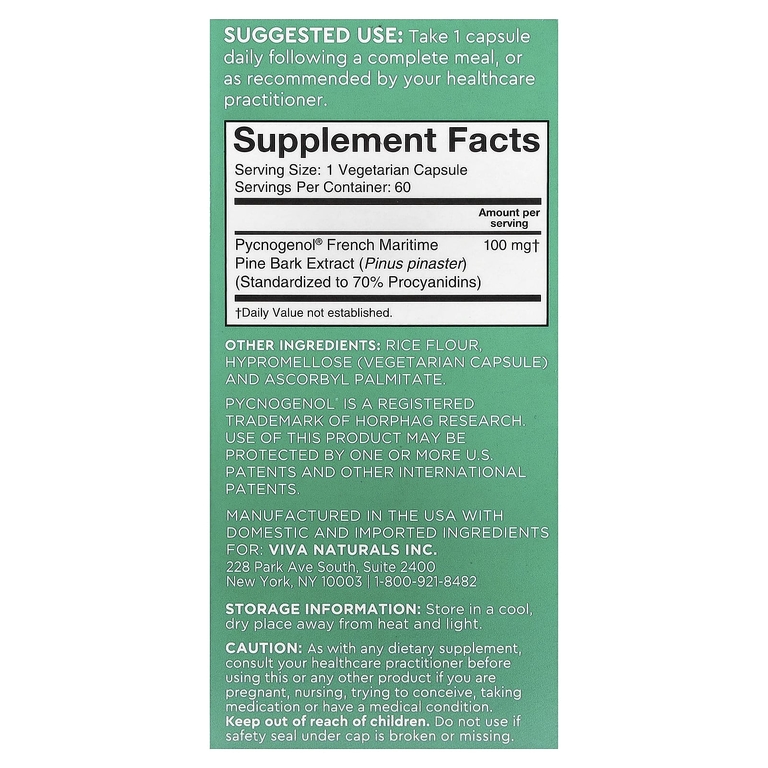Viva Naturals, Pycnogenol®, френч приморский, 100 мг, 60 растительных капсул
