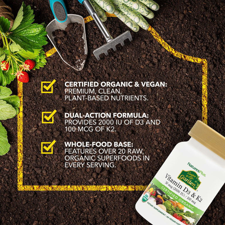 NaturesPlus, Source of Life® Garden, органические витамины D3 и K2, 60 веганских капсул